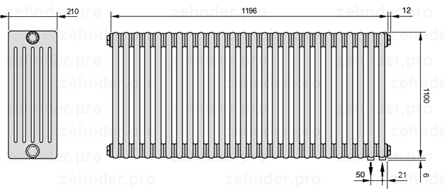 Схема (чертеж) Радиатор Zehnder Charleston 6110/26 №5510 Белый глянцевый RAL 9016